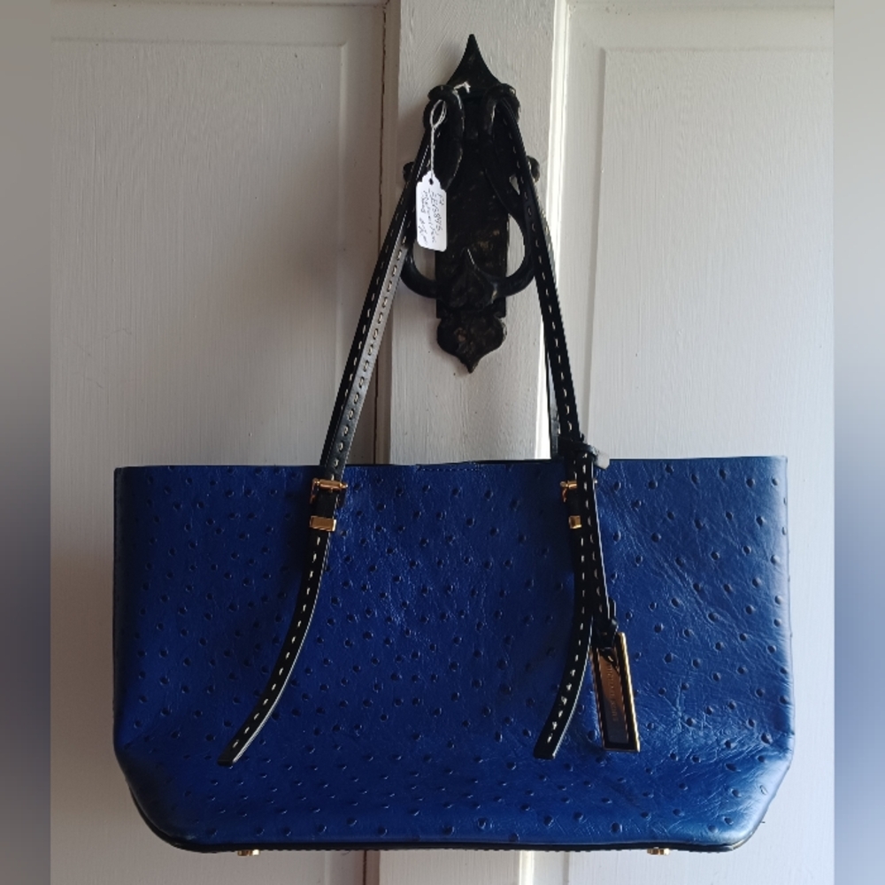 Michael Kors Cobalt Ostrich Leather Tote with Black Straps